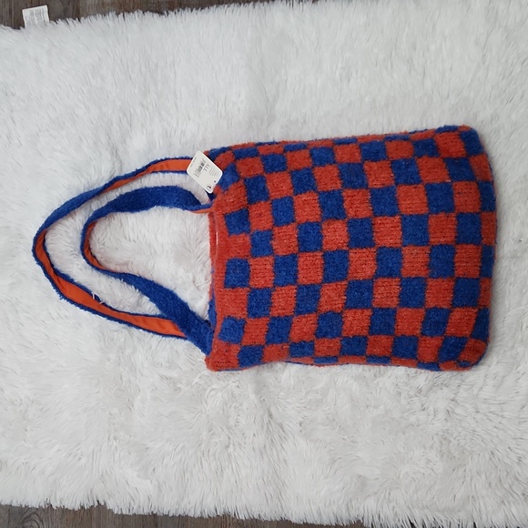 Free People Checkered Tote and Scarf Set Orange and Blue. - Picture 6 of 15
